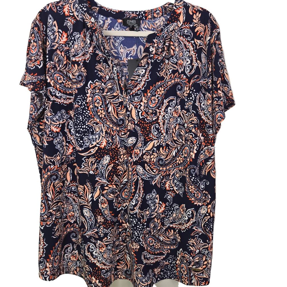 Jones New York Signature Woman Blouse 2X Navy Orange White Polyester CAREER NWT